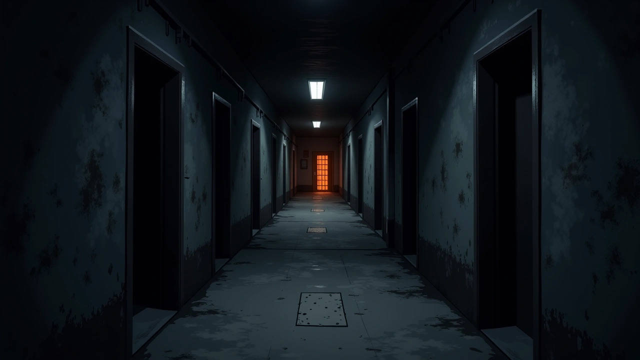 Illustration: a weathered stone prison corridor at Alcatraz, cell doors lit by fading light.