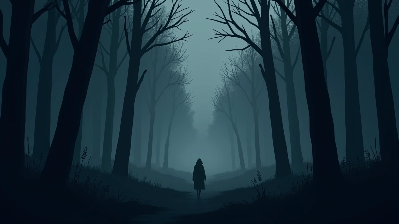 Illustration: a dense wooded clearing at dusk.