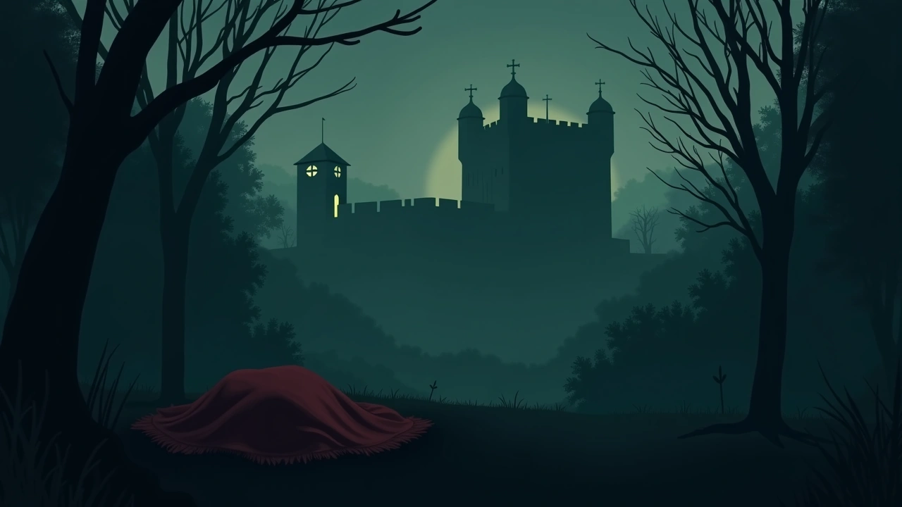 Illustration: a foggy view of the Tower of London at dusk, a folded blanket in the foreground.