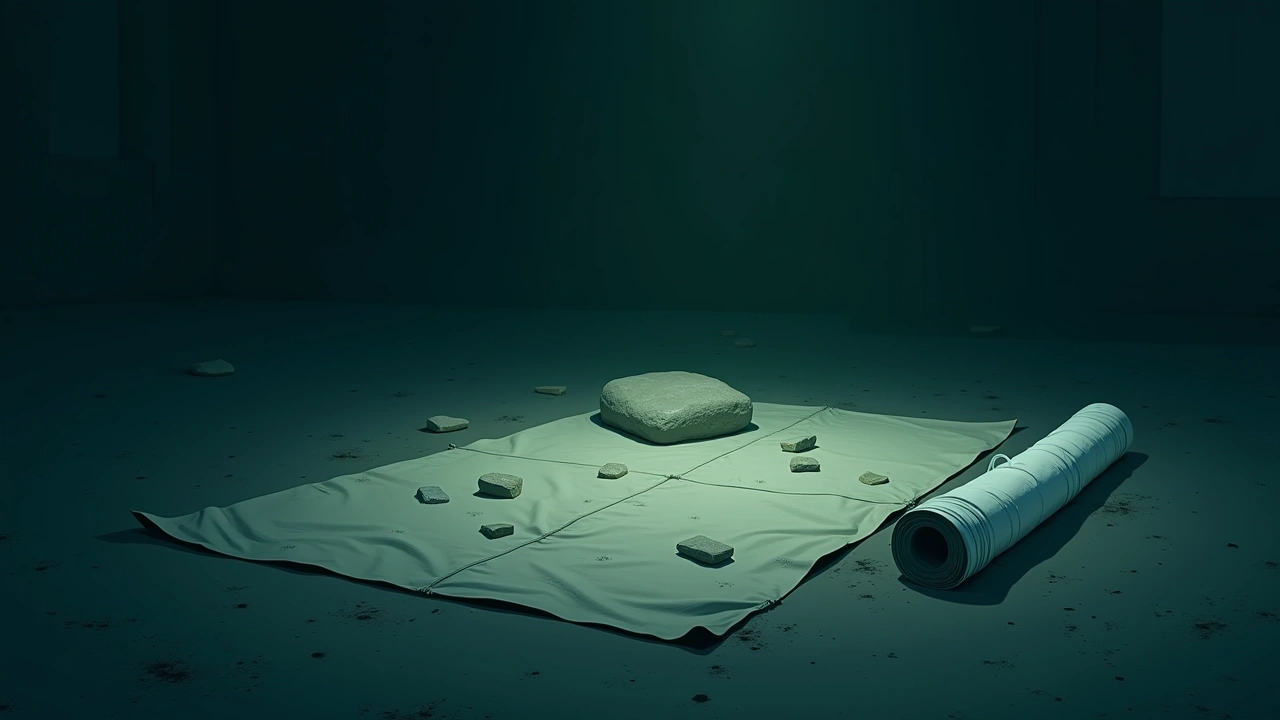 Illustration: a canvas tarp spread on the ground scattered with chert flakes and a stone cobble, a roll of gauze beside it.