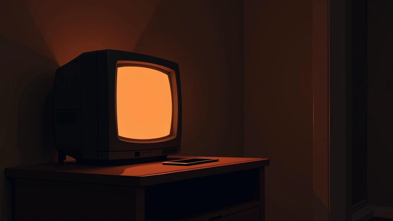 Illustration: a glowing phone screen on a dark side table beside a flickering television.