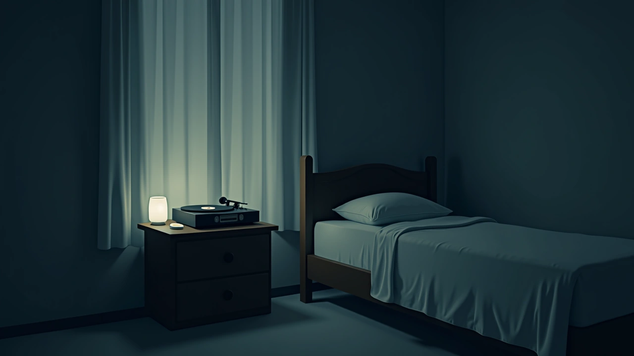 Illustration: A dim room at night with a phone glowing on a nightstand beside an old vinyl record player, faint light filtering through curtains.