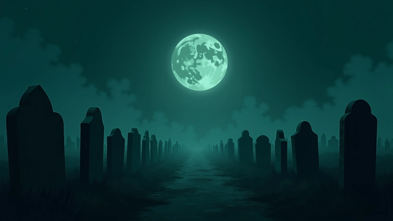 Illustration: a moonlit cemetery at night, rows of old weathered gravestones.