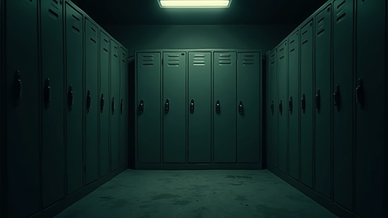 Illustration: a dim workplace changing room with a row of metal lockers.