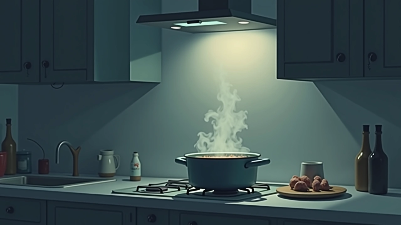 Illustration: a pot of bone broth simmering on a stovetop in a warm kitchen.
