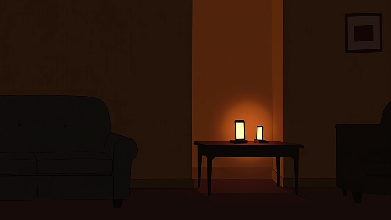 Illustration: two phones glowing softly on a table in a quiet living room.