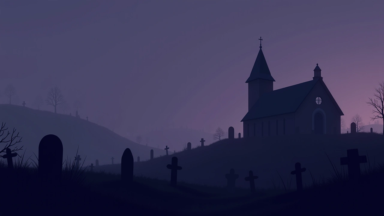 Illustration: an old stone church beside a shadowed graveyard at dusk.