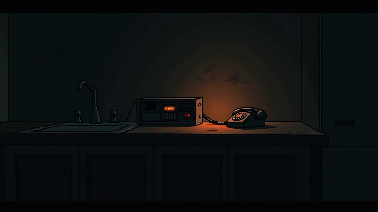 Illustration: a vintage answering machine blinking on a dim kitchen counter beside an old corded phone.