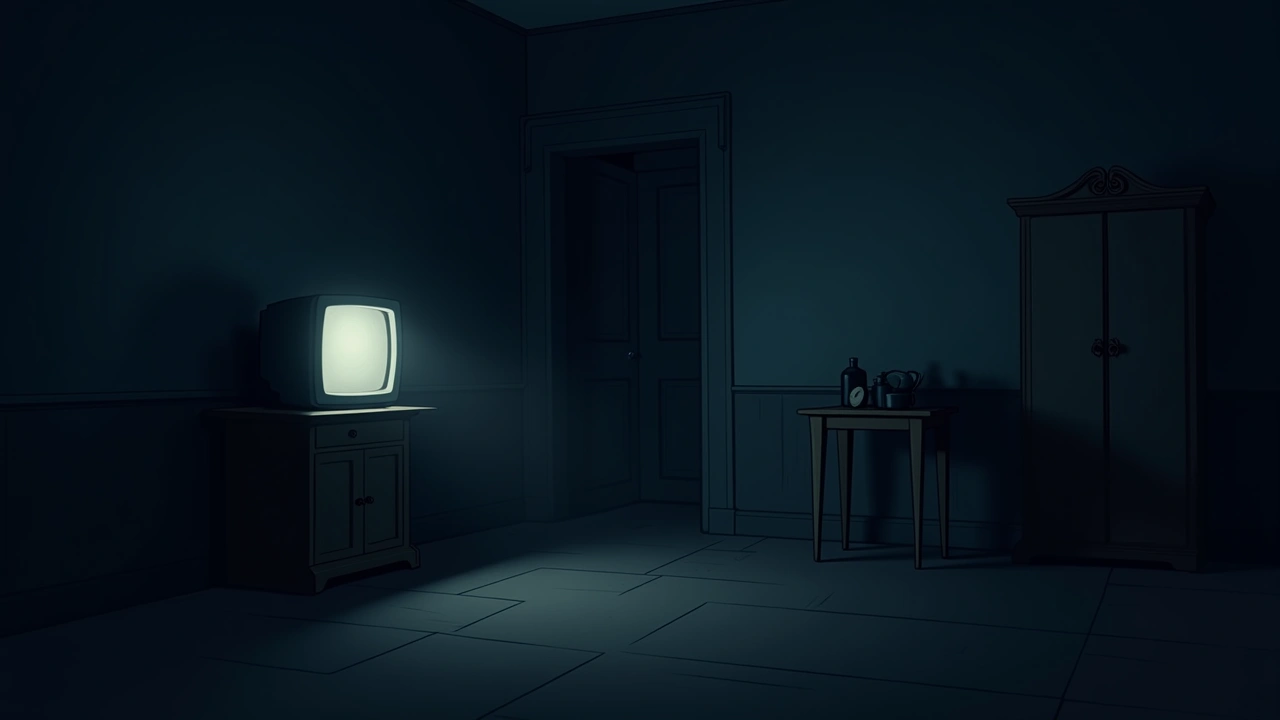 Illustration: an old house room with faint TV light and 1800s-era furnishings.