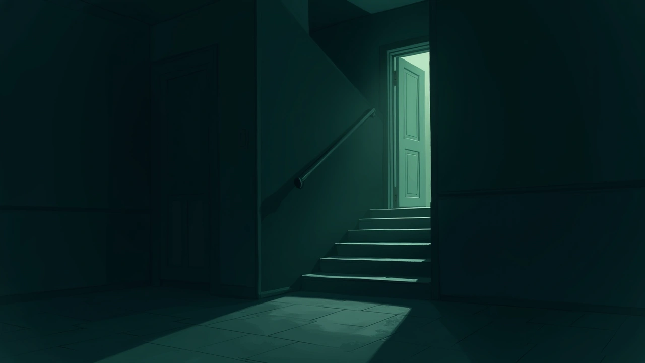 Illustration: a dim staircase leading toward a front door in an old house at night.