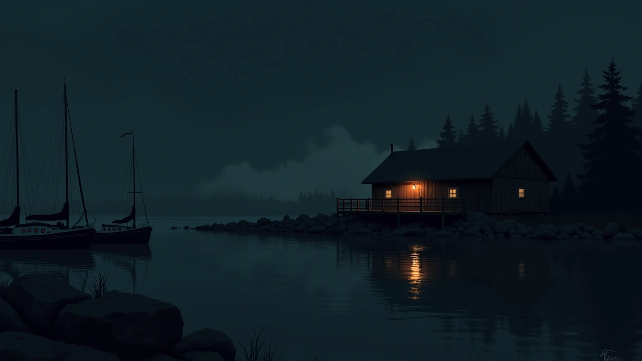 Illustration: a dark marina at night with a weathered lodge in the background.