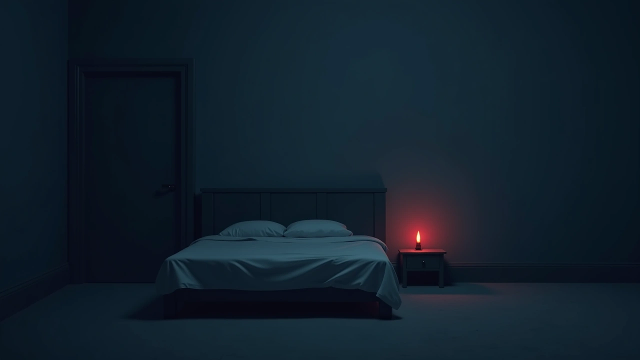 Illustration: a bedroom at night, a red glowing indicator light near the head of a bed.