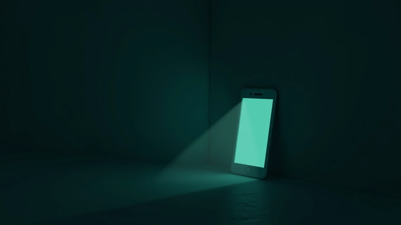 Illustration: a smartphone screen glowing in a dark room, spirit-box words scrolling across it.