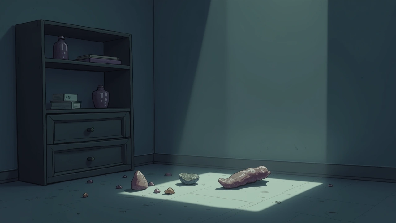 Illustration: a shelf with objects fallen to the floor in a dim bedroom, scattered crystals nearby.