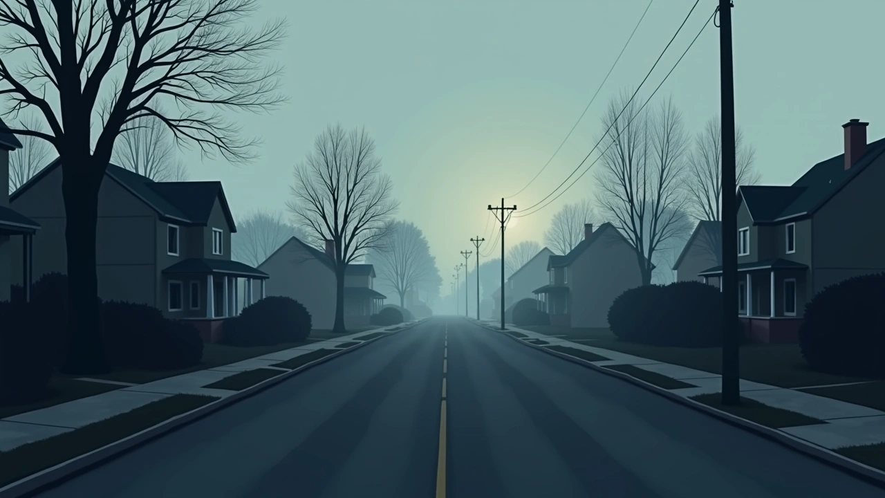 Illustration: an empty, charred house lot at the edge of a quiet residential street.