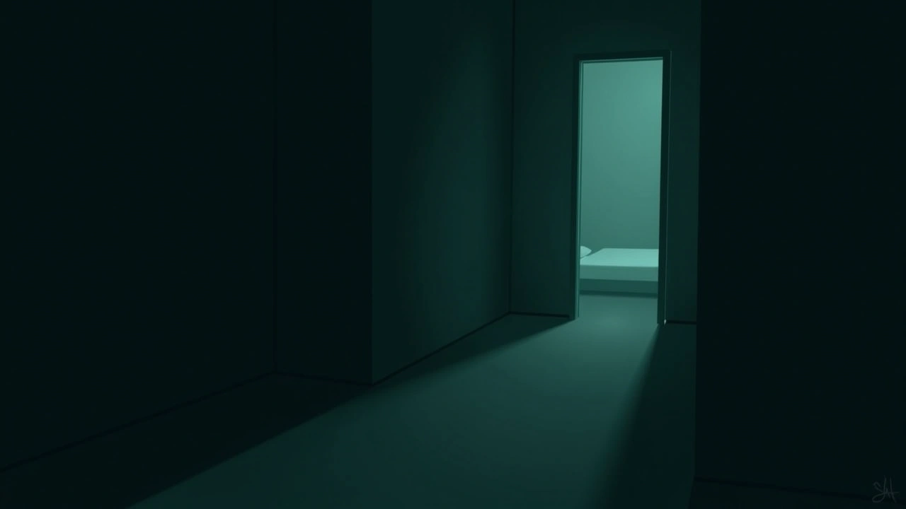 Illustration: a dark hallway leading off a bedroom, dim light spilling from a doorway.