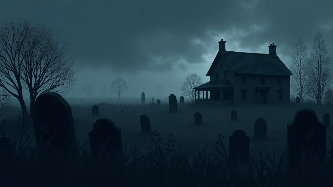 Illustration: an old farmhouse property beside an overgrown burial ground at dusk.