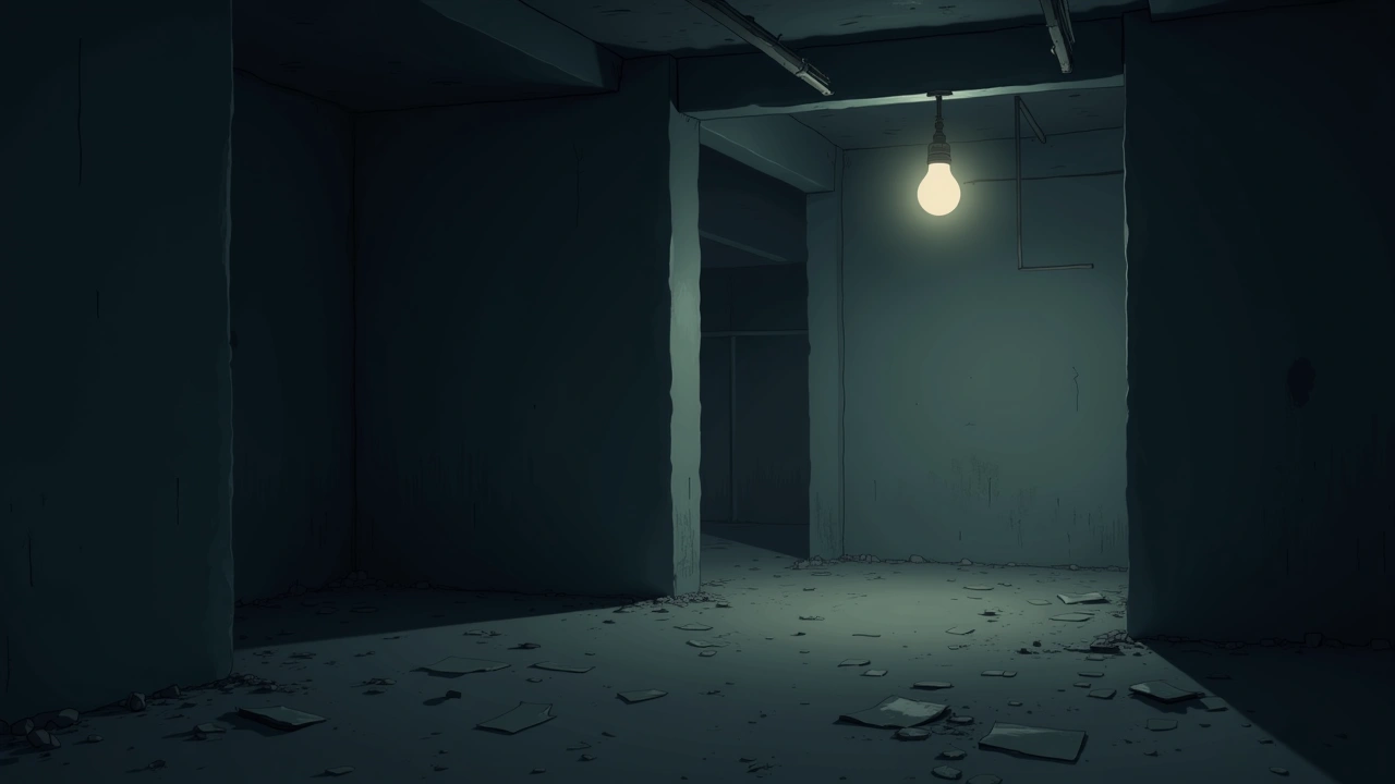 Illustration: a dark, unfinished basement with a bare earth floor and a single bare bulb overhead.
