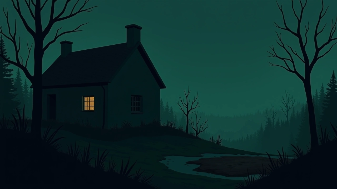 Illustration: An old stone farmhouse at dusk, a patch of freshly disturbed earth nearby.