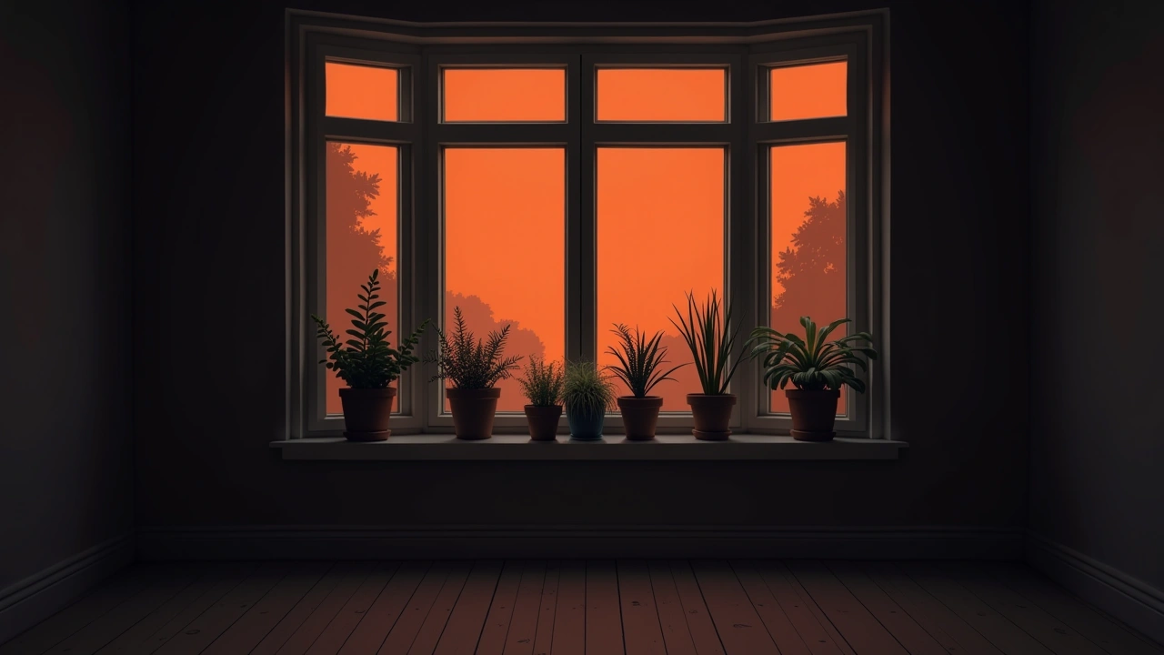 Illustration: a bay window filled with houseplants in a dim room.