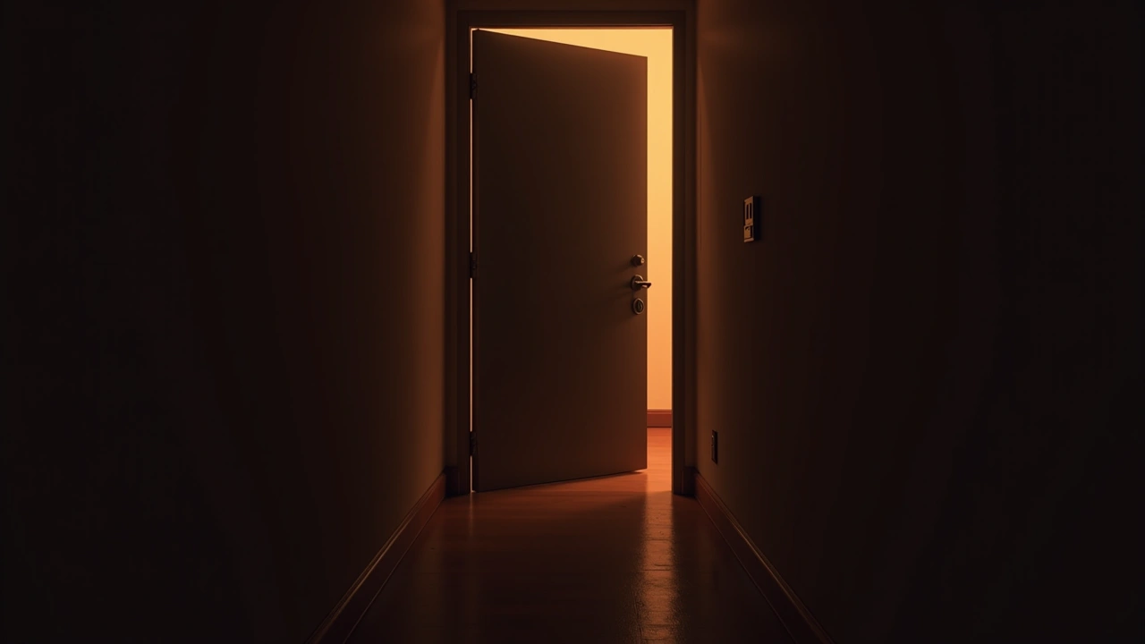 Illustration: a locked front door in a dim hallway at night.