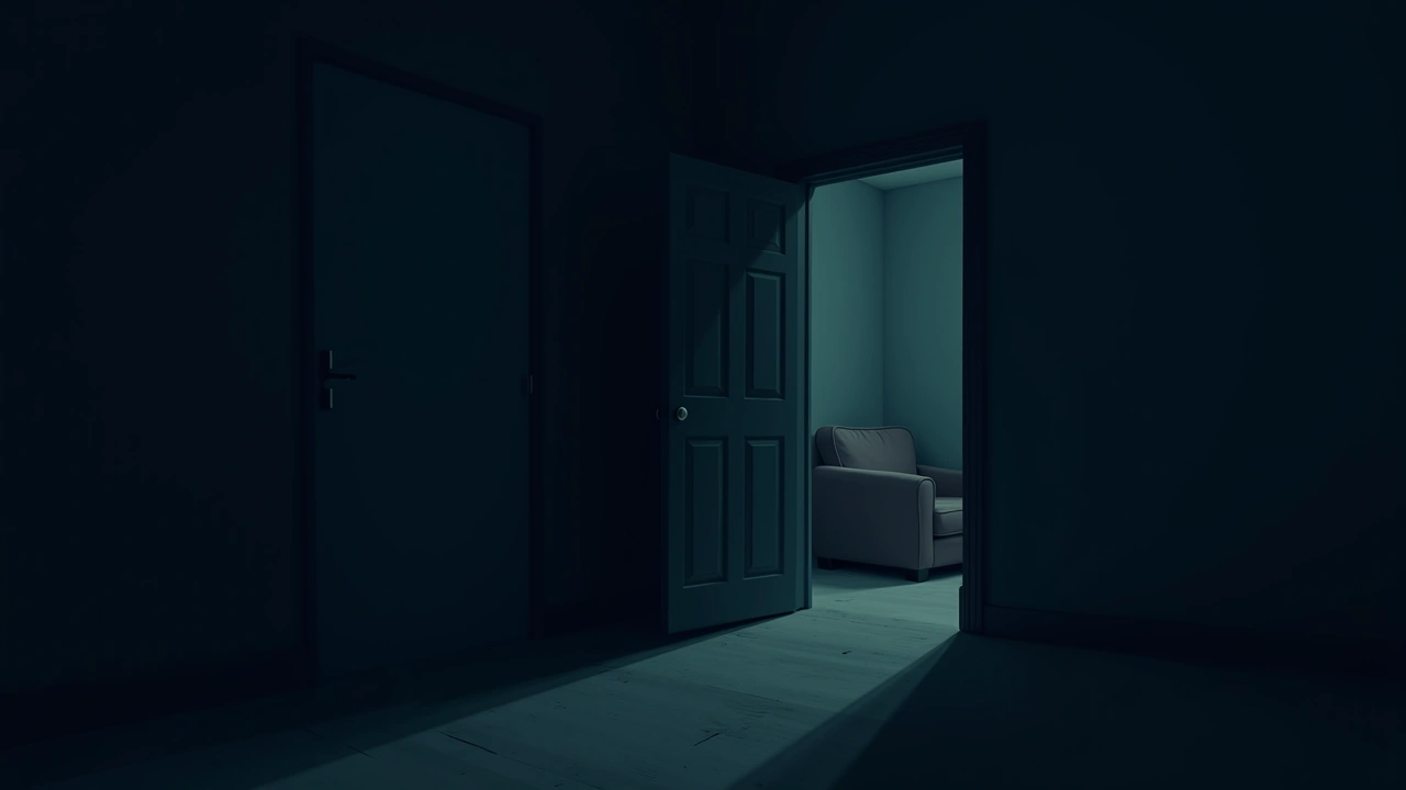 Illustration: a dim bedroom doorway opening onto a shadowy living room at night.