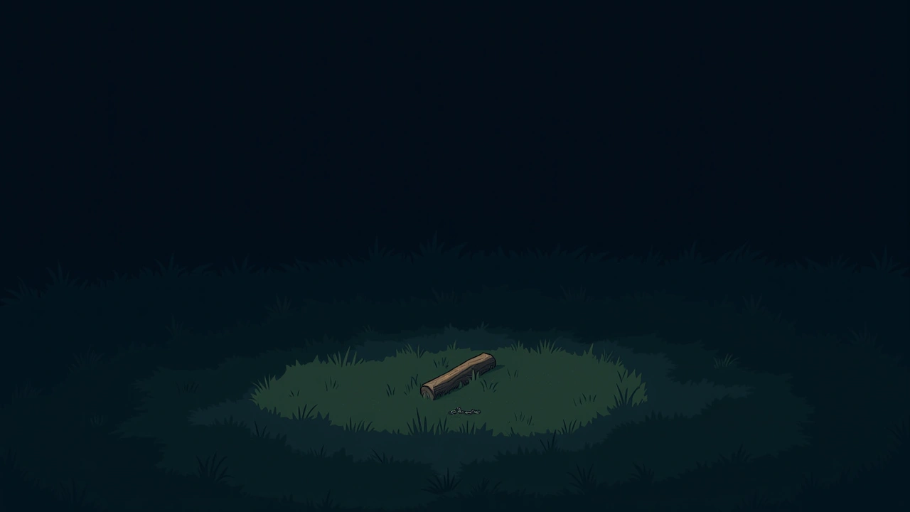 Illustration: a plain front yard at dusk with a single wooden stick lying on the grass.