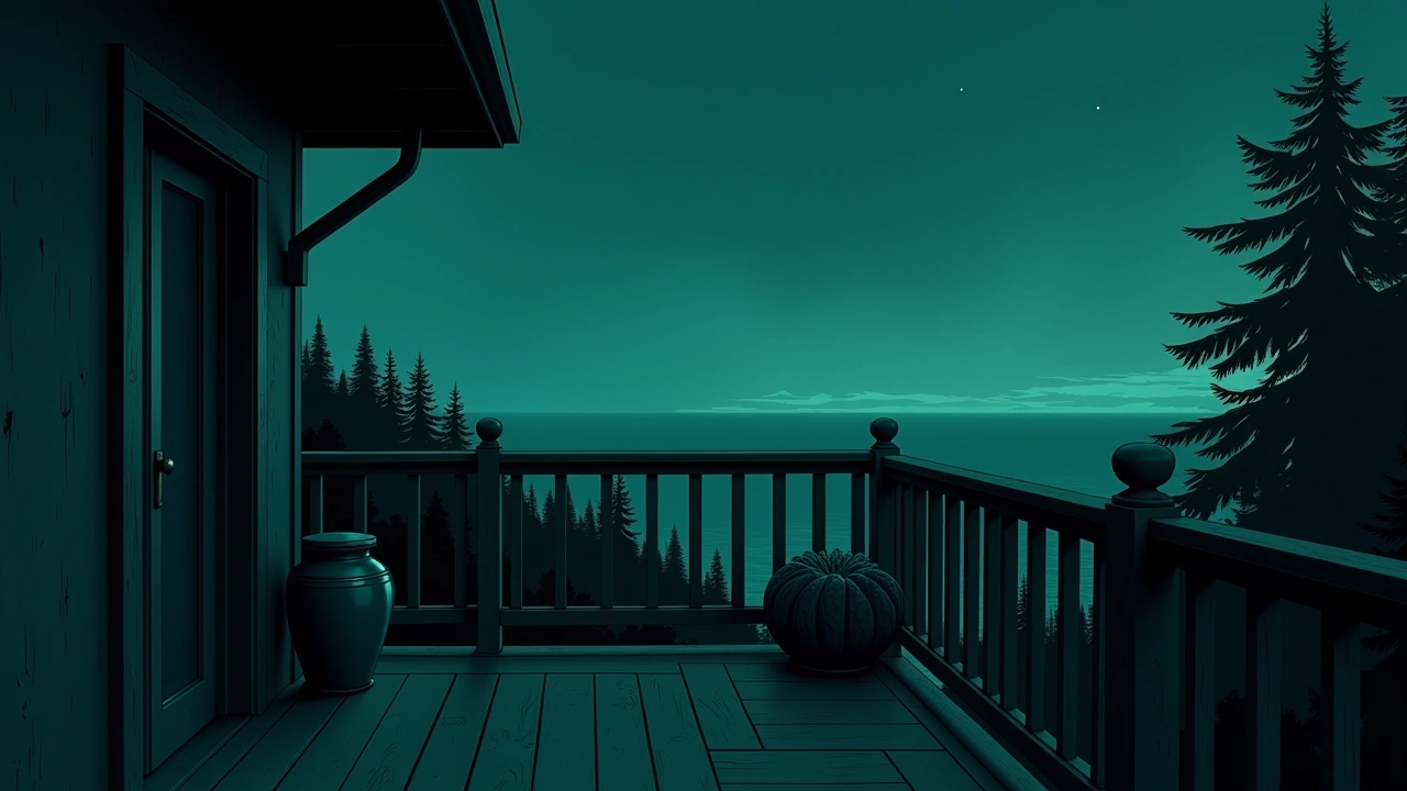 Illustration: A quiet patio overlooking the sea at dusk, an urn of ashes resting near a porch railing.