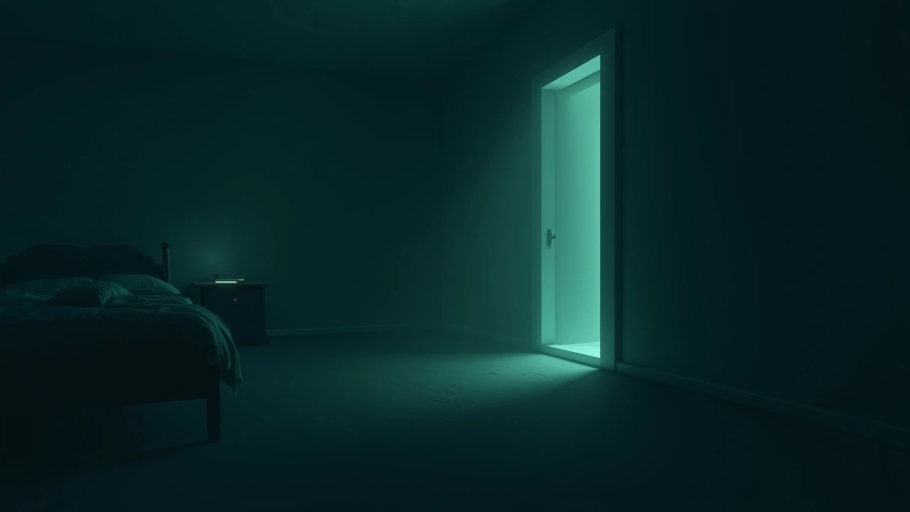 Illustration: a phone screen glowing faintly in a dark, quiet bedroom late at night.