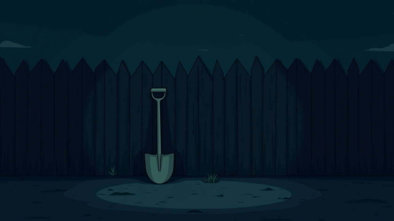Illustration: a shovel leaning against a fence at night.
