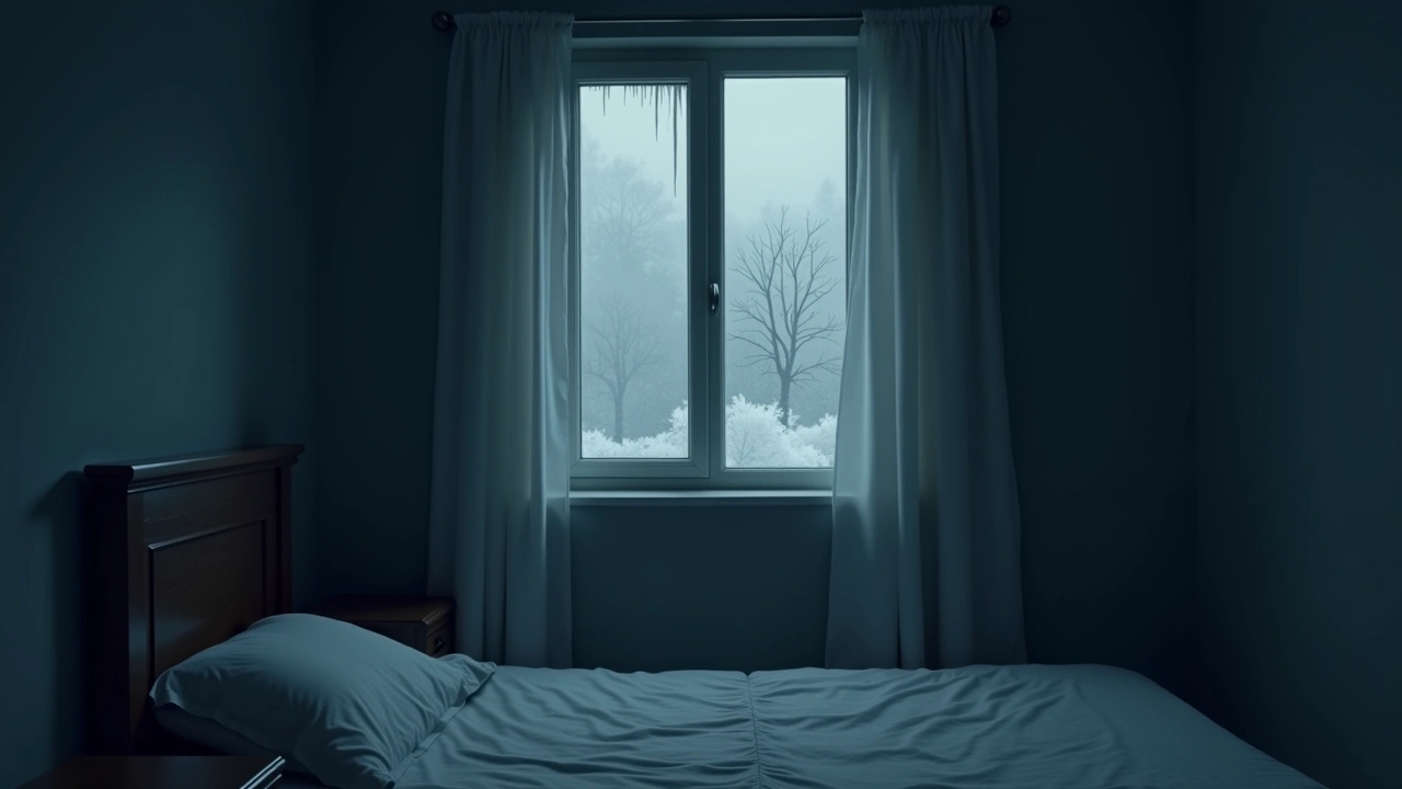 Illustration: A dim bedroom with frost forming on a window as the temperature drops.