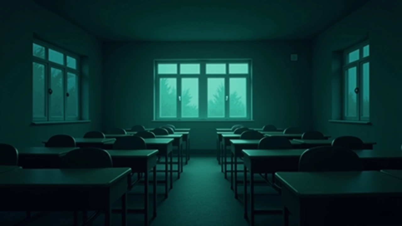 Illustration: A classroom with empty desks lit by afternoon light through the windows.