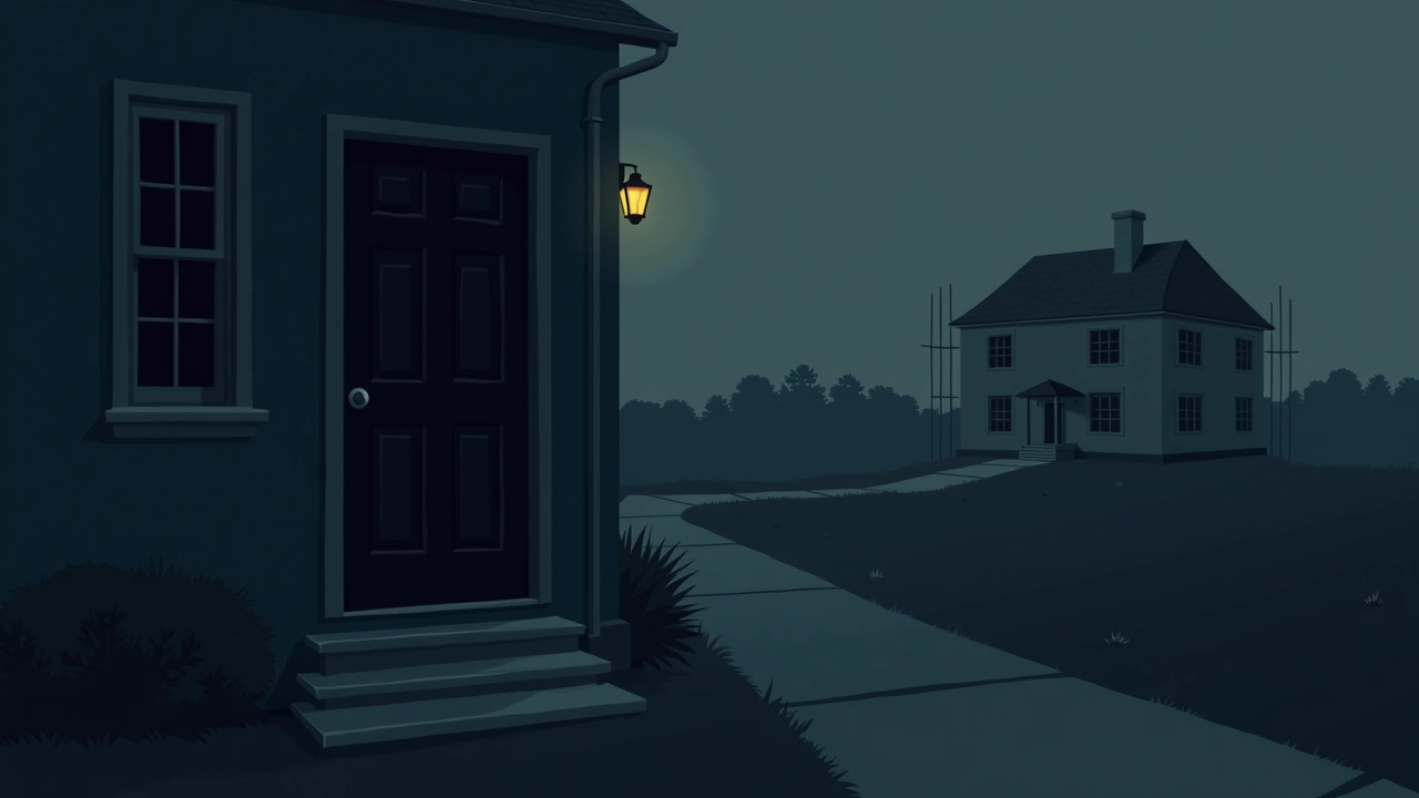 Illustration: a front doorway at dusk, a house under construction on the property next door.