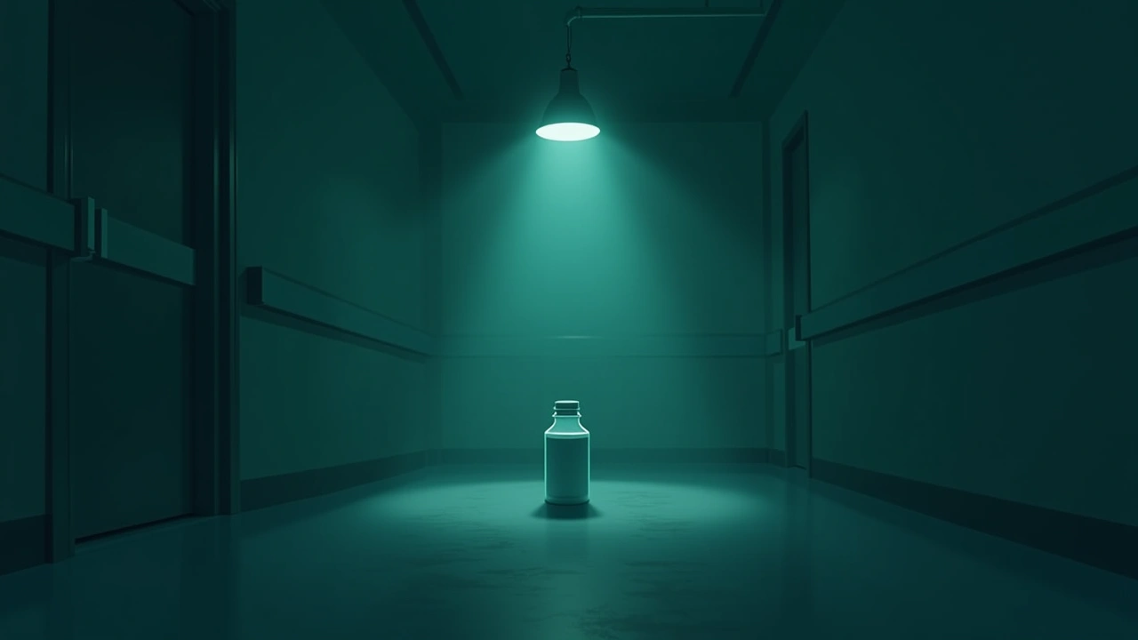 Illustration: An empty room inside a hospital, a bottle of medicine.