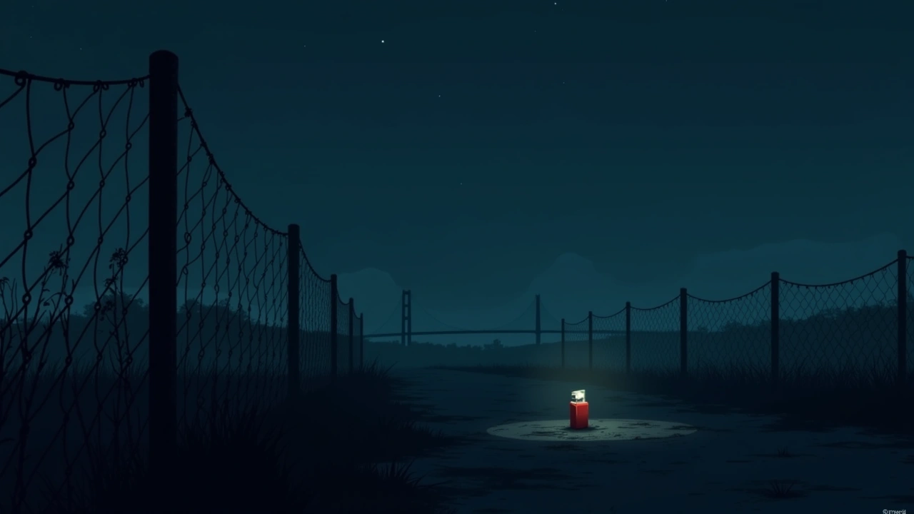 Illustration: a lighter resting on an old fence at a haunted site at dusk, with a distant bridge visible.