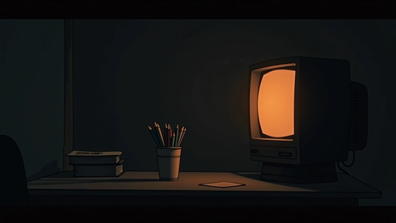 Illustration: a cup of pens and pencils on a desk in front of a glowing television.