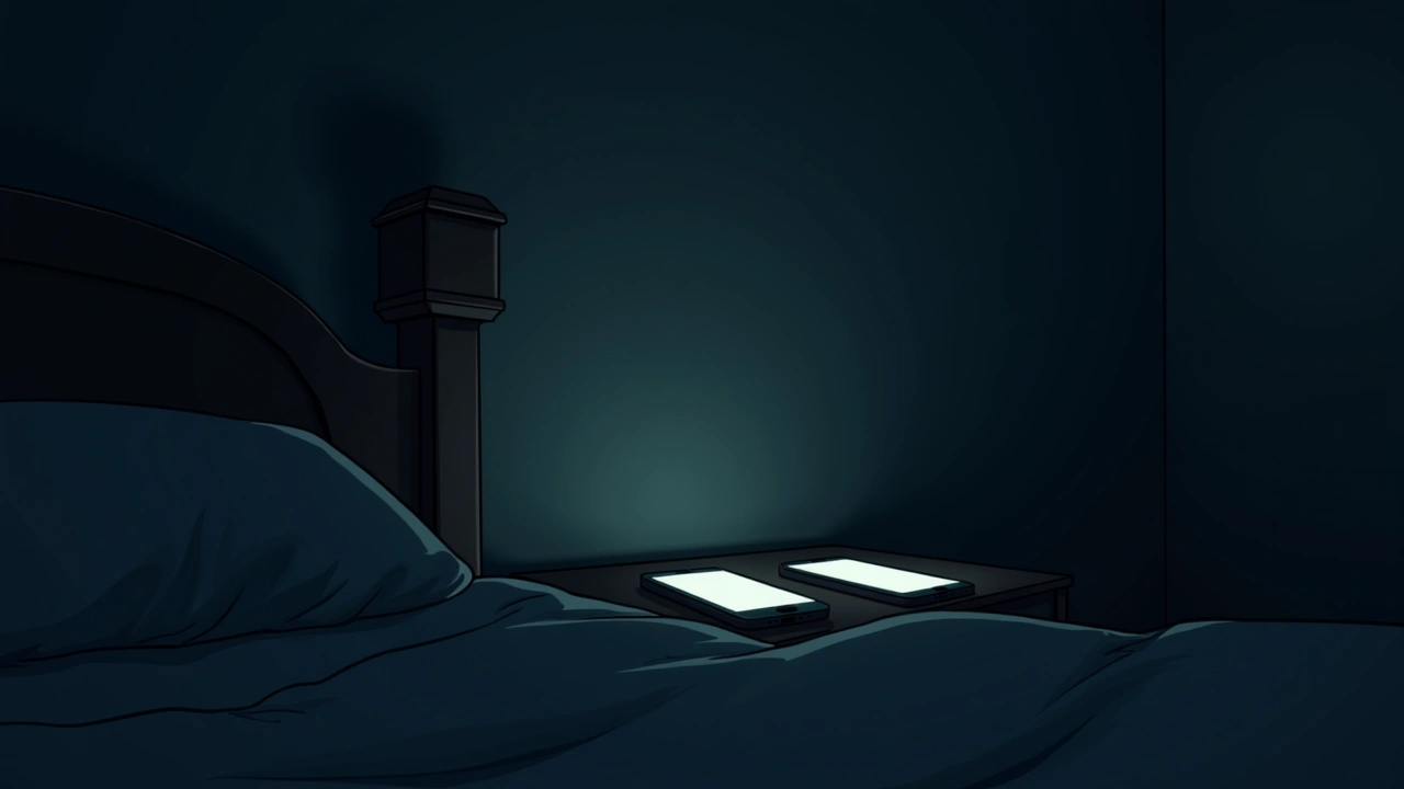 Illustration: two phones glowing on a nightstand in a dim bedroom late at night.