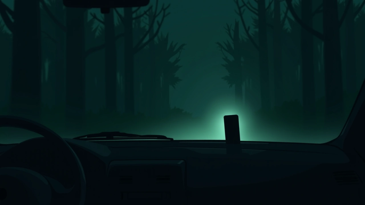 Illustration: A phone glowing on a car dashboard at dusk.