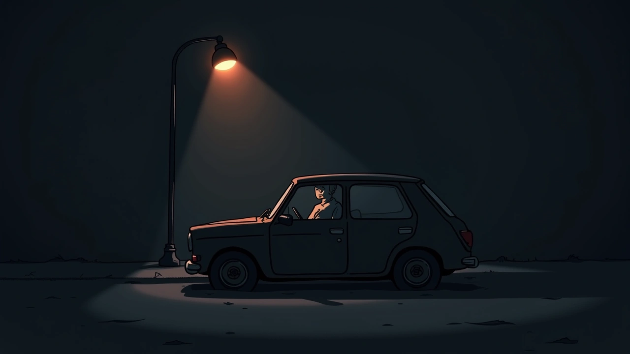 Illustration: a car door with a cracked window, parked under a streetlight at night.