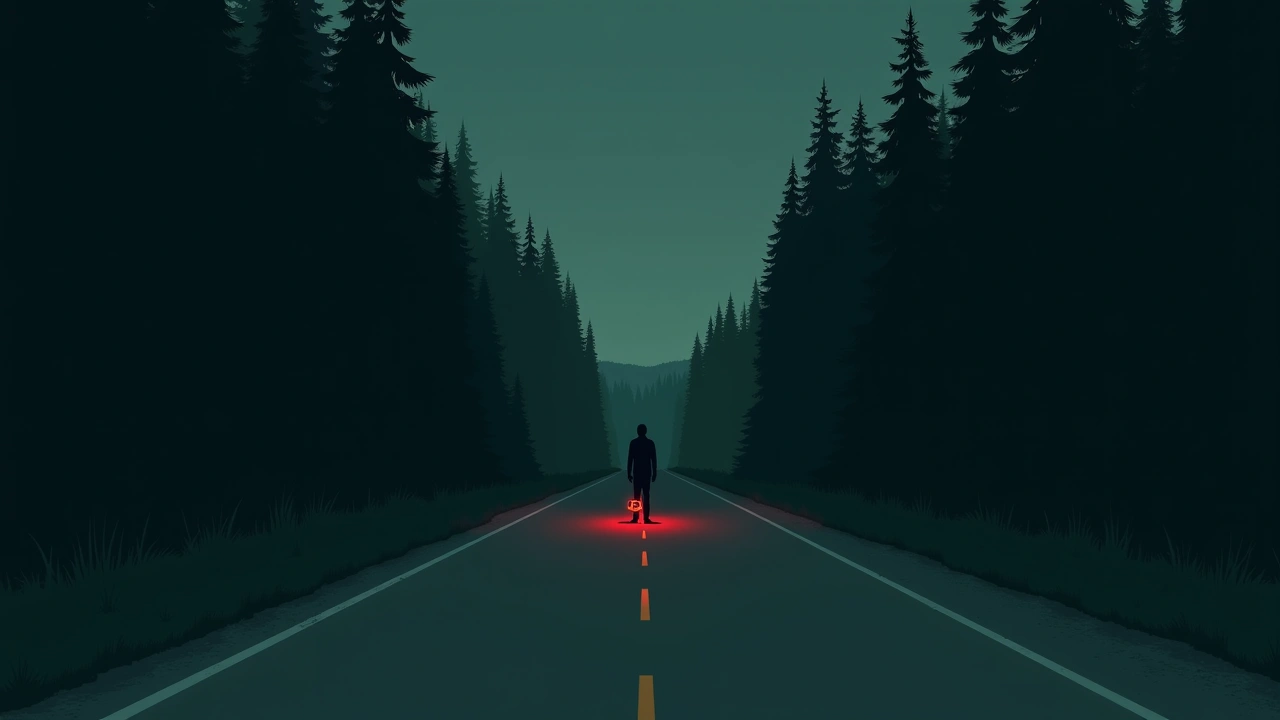 Illustration: an empty road at night, a handheld device glowing red in the foreground.