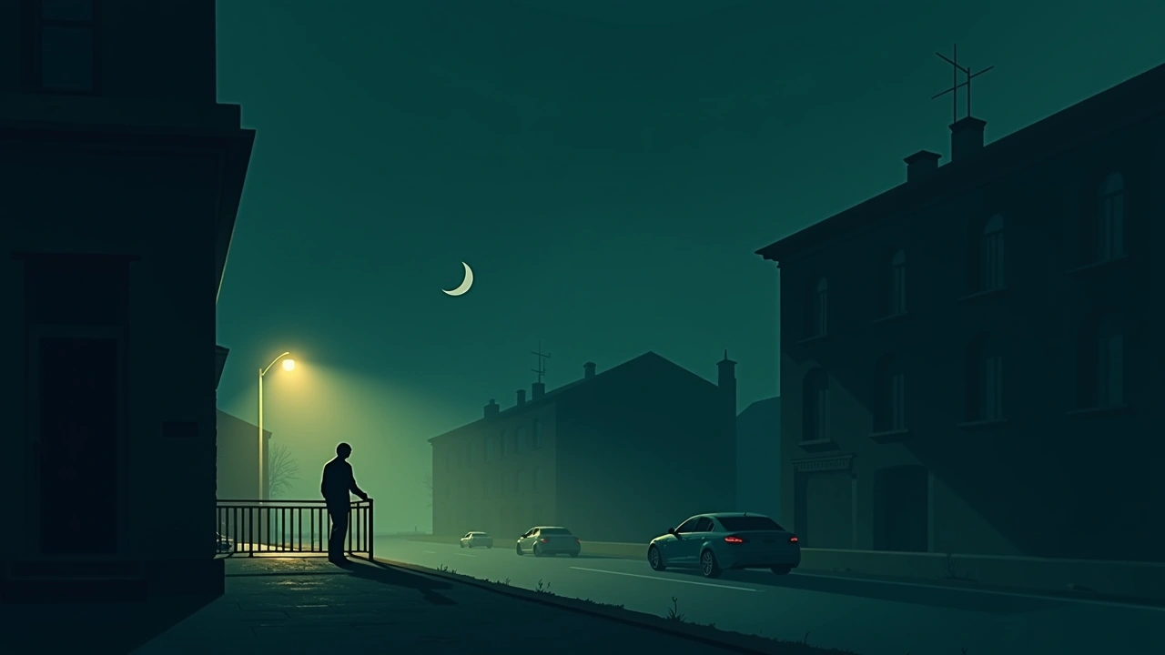 Illustration: a quiet terrace at night overlooking an empty street under curfew, no cars in sight.