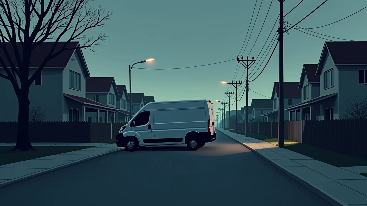 Illustration: a van stopped at an odd angle on a quiet residential street at dusk.