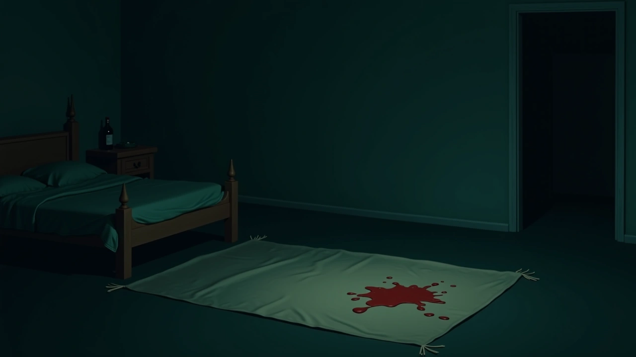 Illustration: a small stain on a bedside rug in a dim bedroom.
