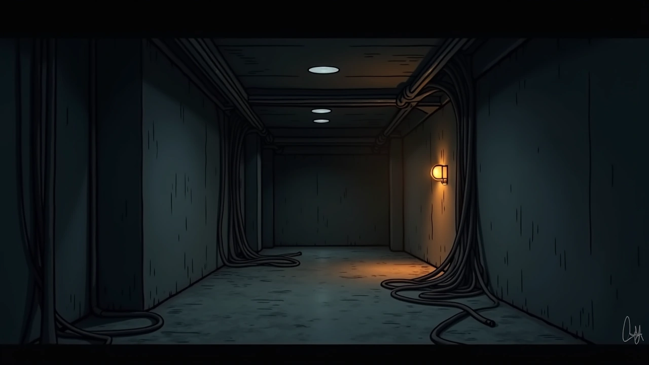 Illustration: A dim concrete basement with tangled air hoses along the walls.