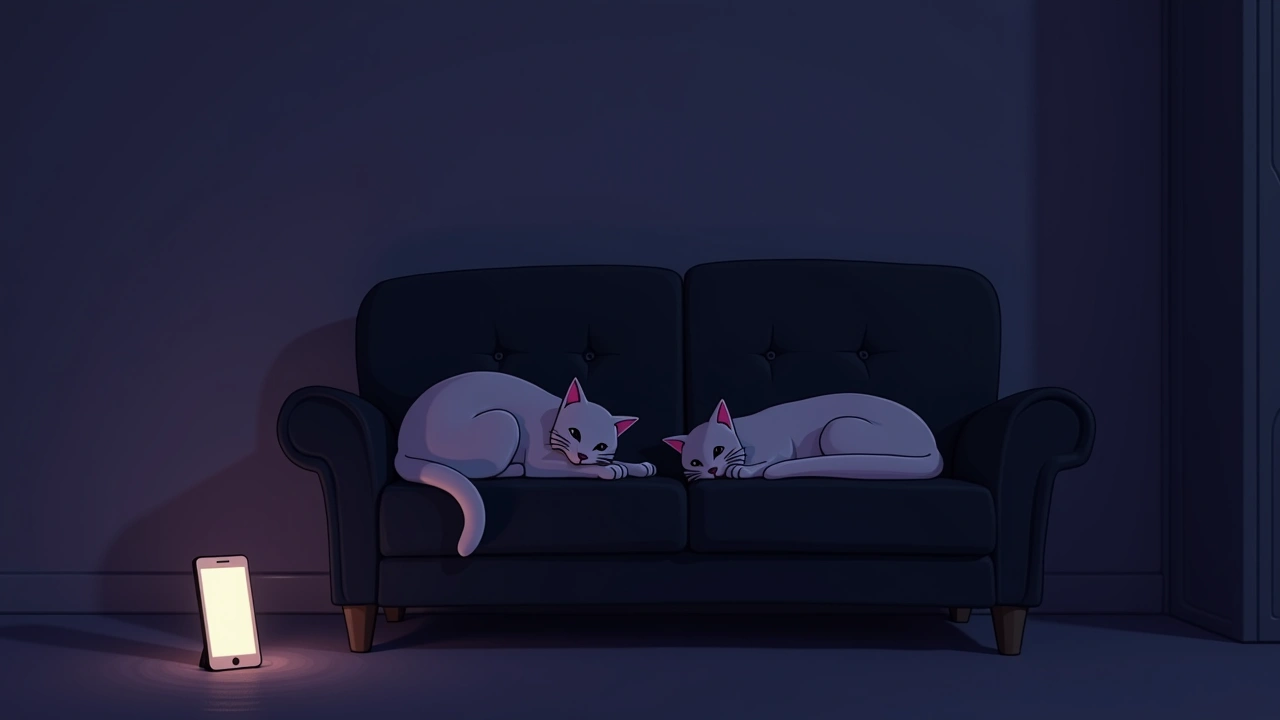 Illustration: a phone glowing softly beside two cats curled on a couch.