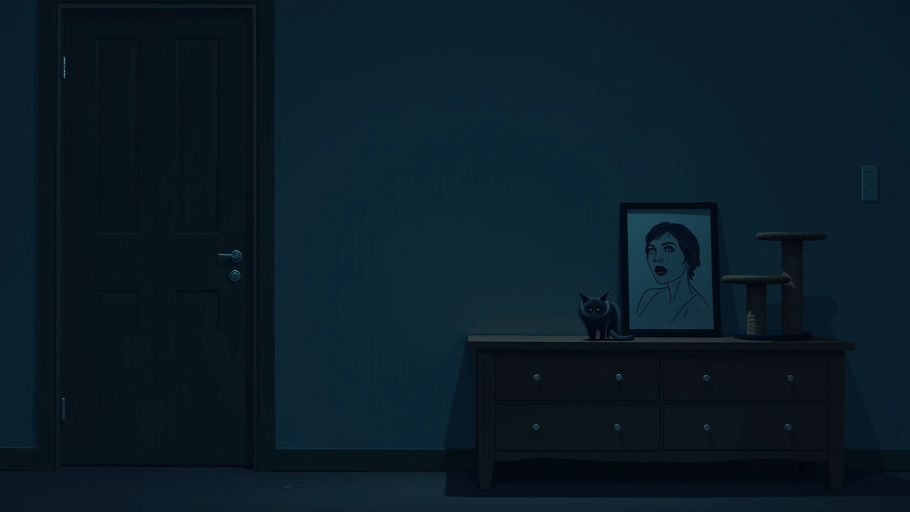 Illustration: a cat tree beside a framed photo on a dresser, in soft afternoon light.
