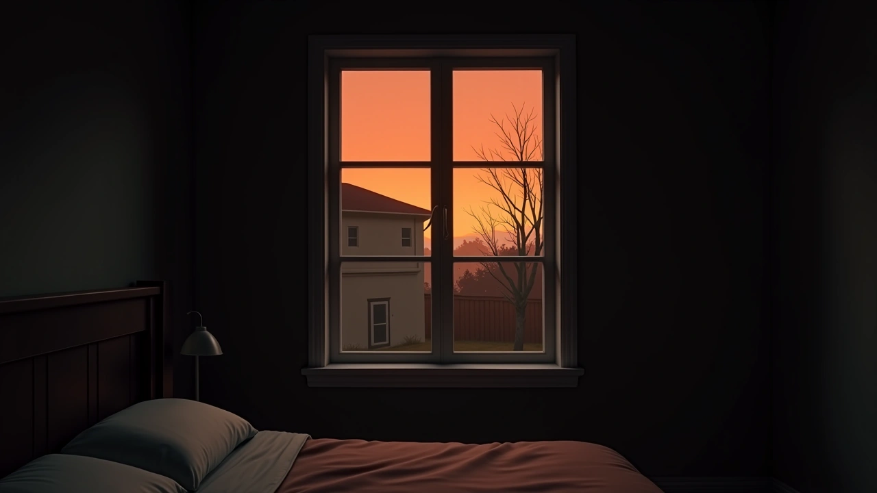 Illustration: a bedroom window looking out over a quiet backyard at dusk.