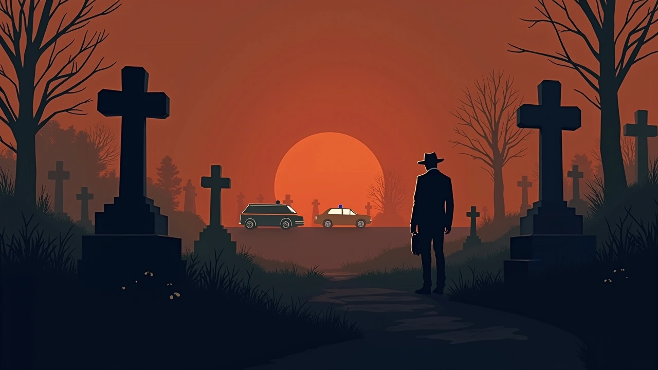 Illustration: a cemetery at dusk with a funeral gathering and police cars parked nearby.