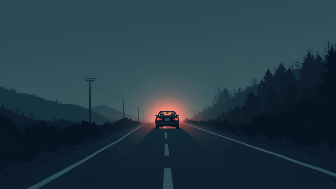 Illustration: a car pulled over on a roadside at night with flashing police lights in the distance.