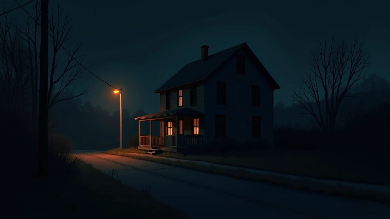 Illustration: an abandoned house on a dark street at night, seen from a distance.